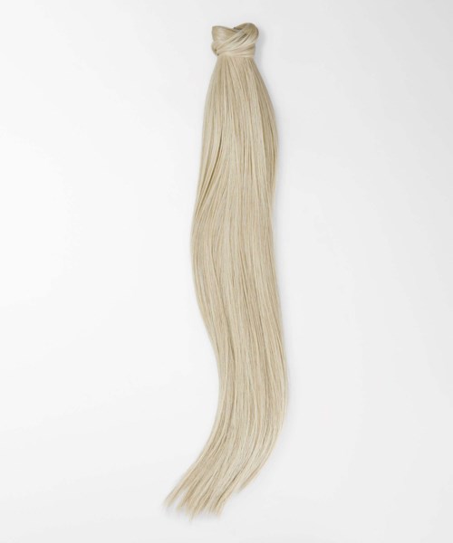 A long, blonde, woven hair extension or braid-like accessory on a white background.