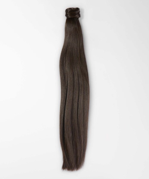 A bundle of straight, brown hair attached at the top, hanging down against a plain background.