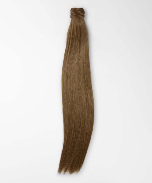 A hair extension or wig strand, light brown color, straight, tied at the top. It lies flat on a white background.