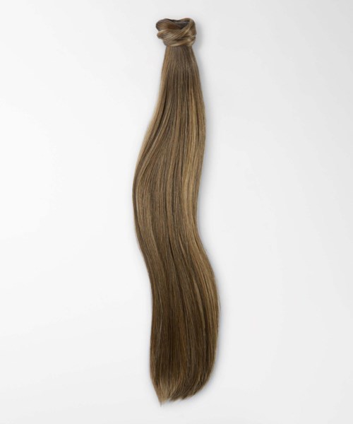 A bundle of long, straight, brown hair tied at the top, hanging against a plain background.