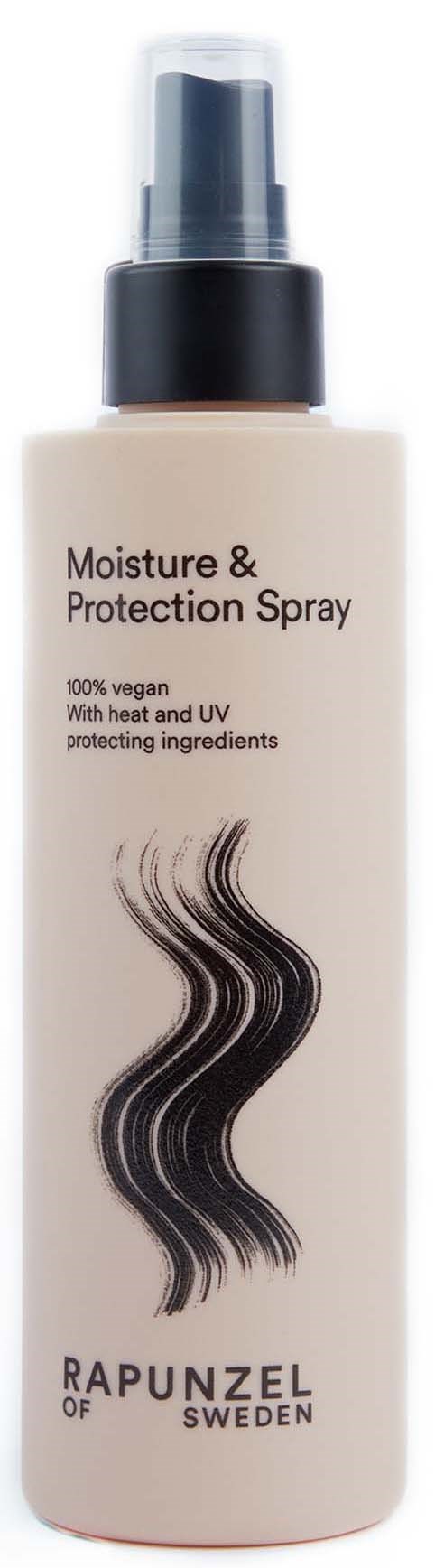 Fles met label 'Moisture & Protection Spray' met zwarte spraydop en golvend haarillustratie, merk 'Rapunzel of Sweden'.