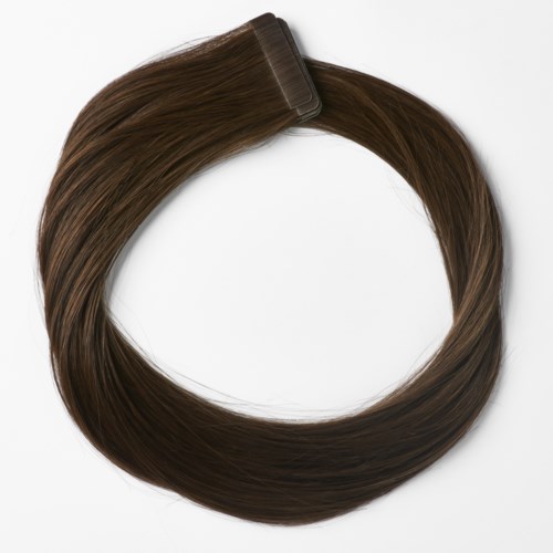 A brown hair extension with a clip, shaped in a circle against a white background.