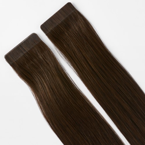 Two hair extension strands in dark brown color with straight, shiny texture.