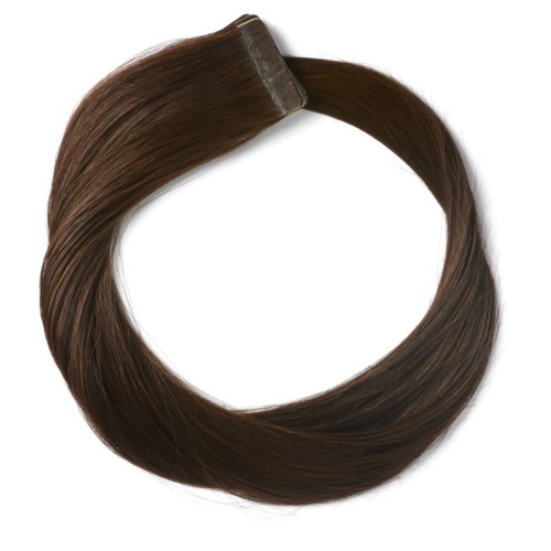 A circular hair extension with a clip, dark brown color, smooth and shiny texture.