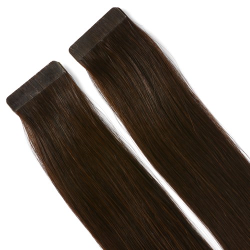 Two brown hair extensions with straight, shiny hair and dark skin-colored clips at the top.