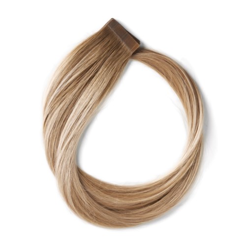 A hair extension clip with long, straight, blonde hair forming a loop.