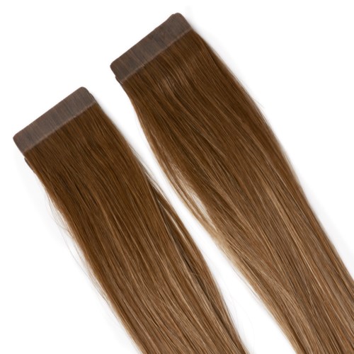 Two long, straight, brown hair extensions with a gradual lightening at the tips.
