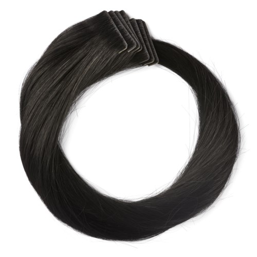 A hair extension or wig piece shaped as a circular loop, with dark, straight hair and some folded sections at the top.