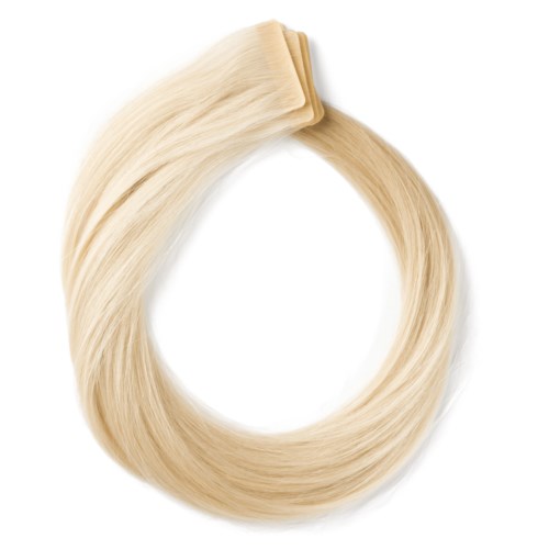 A blonde hair extension clip forming a loop with straight, shiny hair. No other objects or background visible.