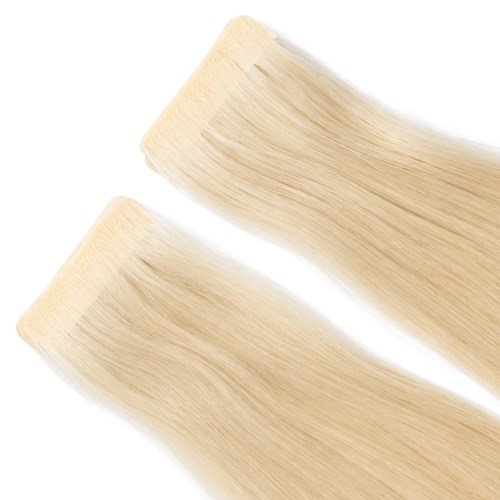 Two bundles of blonde hair extensions with a straight texture.