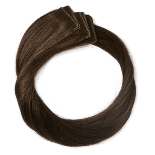 A brown hair extension ring with a clip on one side for attaching hair.