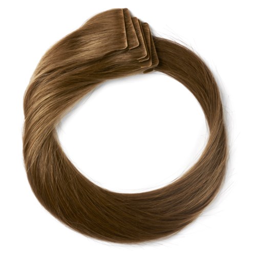 Bruna hårförlängningar är placerade i en cirkel med clips ovanpå.