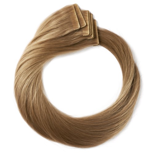 En hårförlängningsspiral med blonda hårstrån i en cirkulär form.