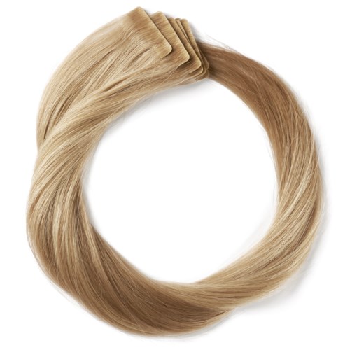 En cirkulär arrangemang av blonda hårprover som visar olika nyanser och texturer av hårfärg.