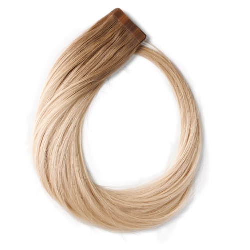 Haarverlenging met een bruin bovenstuk en gemengde blonde lengte, gevormd in een lus.