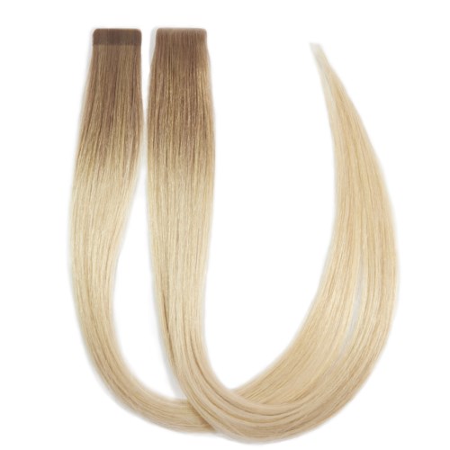 Two hair extension wefts with a light blonde color, slightly intersecting, with one curving outward.