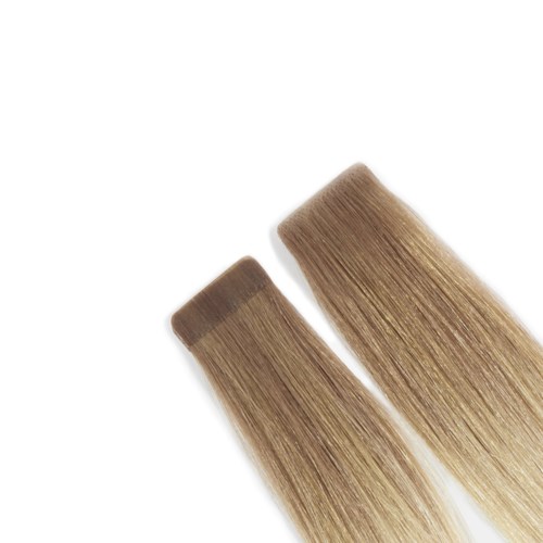 Two hair extension pieces with straight, blonde hair and darker roots. They are aligned diagonally on a white background.