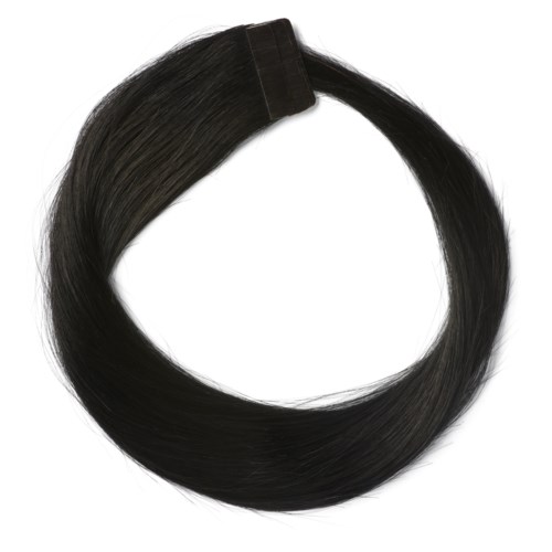 A black hair extension loop with a clip in the middle, designed to add length or volume to hair.