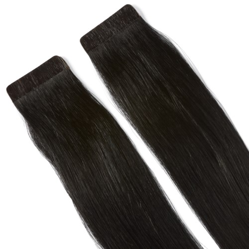 Long, straight, black hair extensions with a smooth, shiny texture.