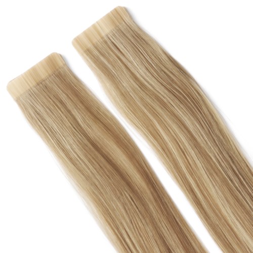 Two blonde hair extension pieces with straight, shiny strands and light-colored wefts.
