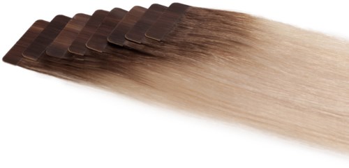 Sex hårfärgsprovskort tonar från mörkbrunt till ljust blond. De är placerade i rad med en gradienteffekt.