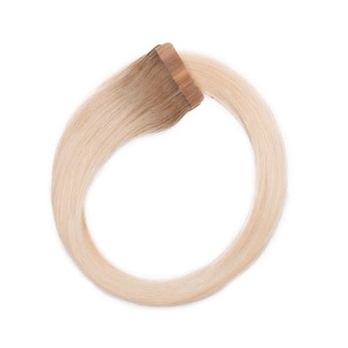 Blont hårförlängning med ett brunt fäste, formad som en cirkel.