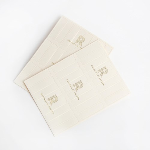 Twee witte enveloppen met een gouden logo en tekst, liggend overlappend op een witte ondergrond.