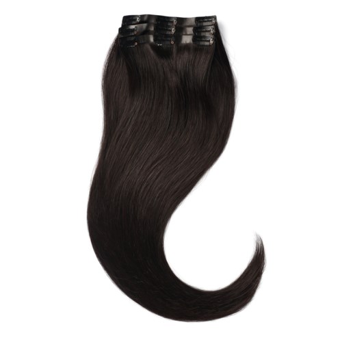 Lange, donkere haarstukjes met clips aan de bovenkant, vloeien naar beneden in een soepele boog.