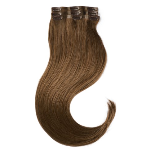 A set of four brown hair extensions with clips, wavy and shiny.