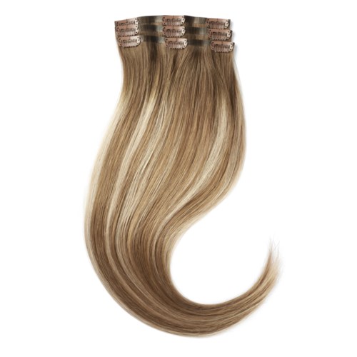 Extensions of light brown hair with clips, smooth and slightly curled at the ends.