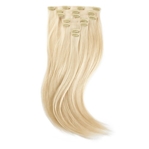Blond hårförlängningar med clips för att fästa på naturligt hår. Långt, silkeslent och glänsande. Används för att öka längd eller volym.