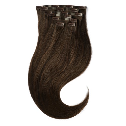 Een clip-in haaruitbreiding met lang, bruin haar en kleine clips aan de bovenkant voor bevestiging.