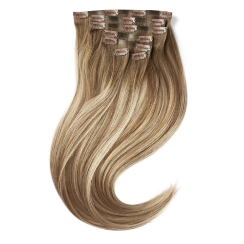 Blonde Haarverlängerungen mit Clips an der Spitze, glänzend und glatt, bilden eine lange, fließende Strähne.
