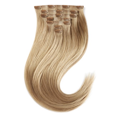 Blonde hårförlängning med klämmor, ser blank och slät ut, arrangerad i en båge nedåt.