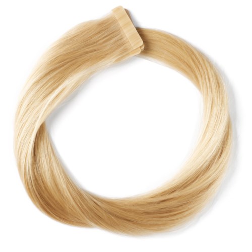 En blond hårförlängning som bildar en cirkel, med klämmor i ena änden.