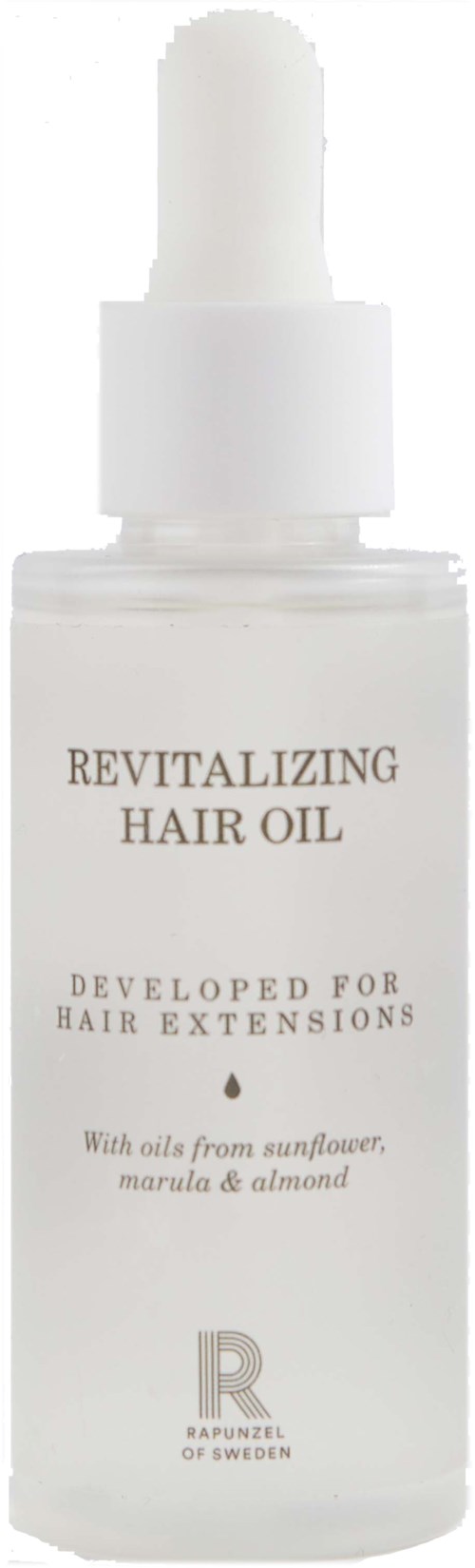 Een witte fles met druppelpipet, gelabeld 'Revitalizing Hair Oil' voor haargroei, met zonnebloem-, marula- en amandelolie.