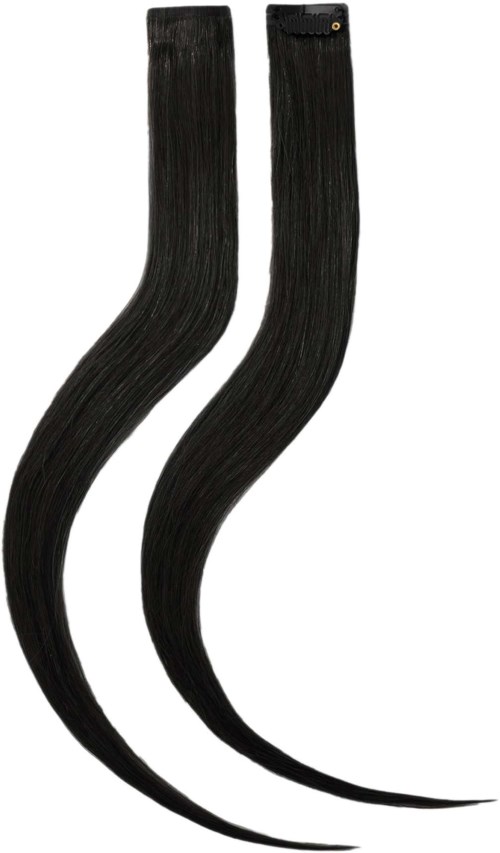 Zwei schwarze, gebogene Haarverlängerungen mit Clips oben.