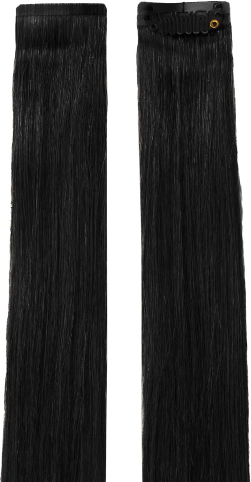 Lange schwarze Haarverlängerungen oder Strähnen. Sie sind glatt und glänzend, möglicherweise für Frisuren oder Perücken.