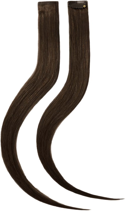 Zwei dunkelbraune, leicht gewellte Haarverlängerungen mit Clips an der Spitze.
