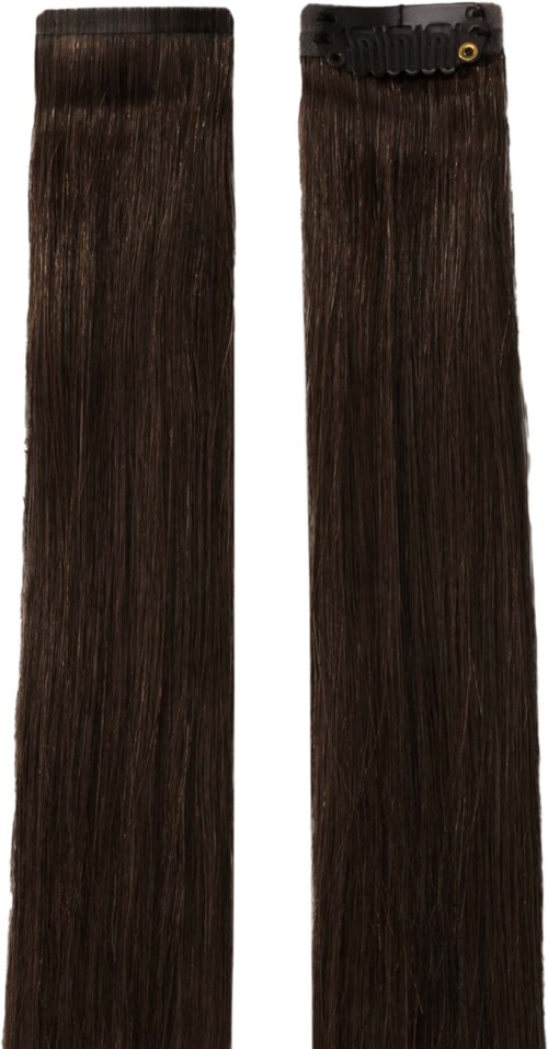 Lange braune Haarverlängerungen mit Clip. Glatt und glänzend. Für mehr Länge und Volumen.