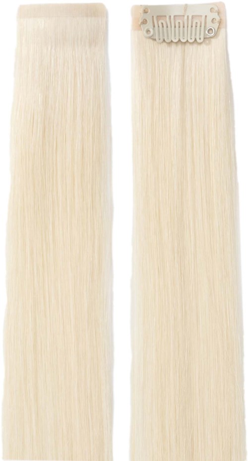 Zwei blonde Haarverlängerungsclips, lang, gerade und hell.
