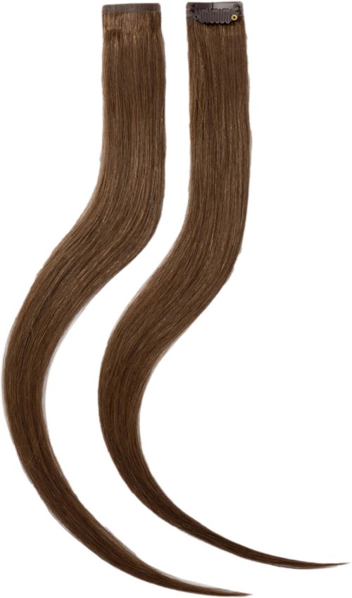 Zwei braune Haarverlängerungen mit Clips an der Spitze, eine leicht gebogen, die andere gerade.