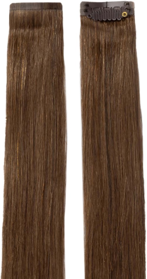 Zwei braune Haarverlängerungen mit schwarzen Clips, nebeneinander.