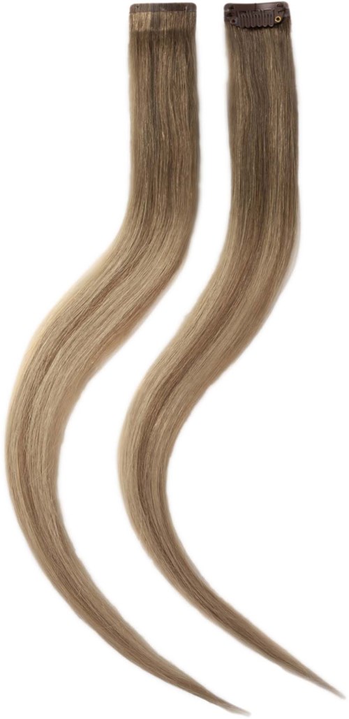 Zwei Haarverlängerungen, blond und glatt, mit dunklen Bändern am oberen Ende.