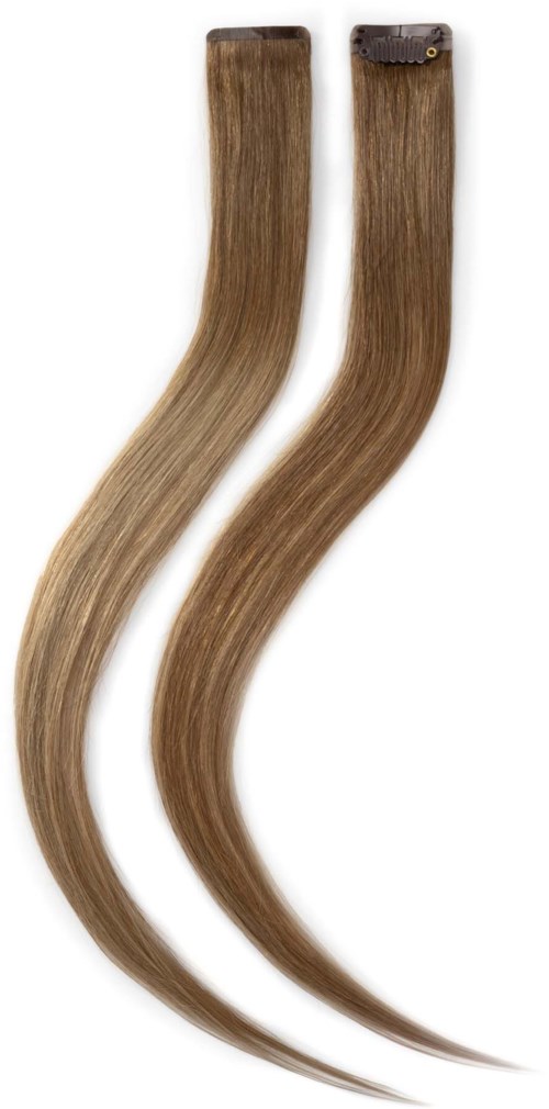 Twee haarextensies, lichtbruin kleur, recht, met clips bovenaan voor bevestiging.