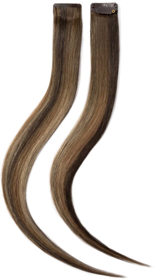 Zwei Extensions, hellbraunes, gewelltes Haar, mit Klebetape oben.