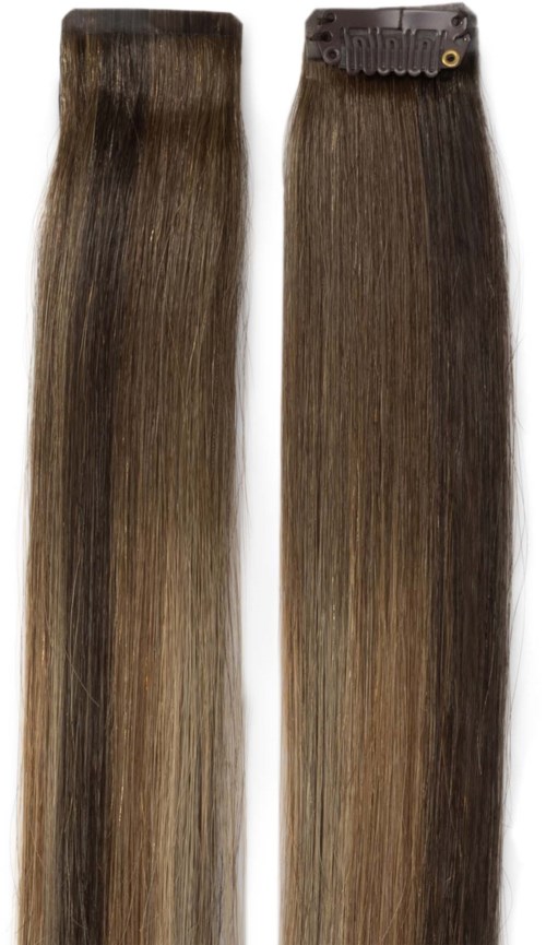 Zwei braune Haarverlängerungssträhnen, glatt und glänzend, mit einem Clip für Frisuren.