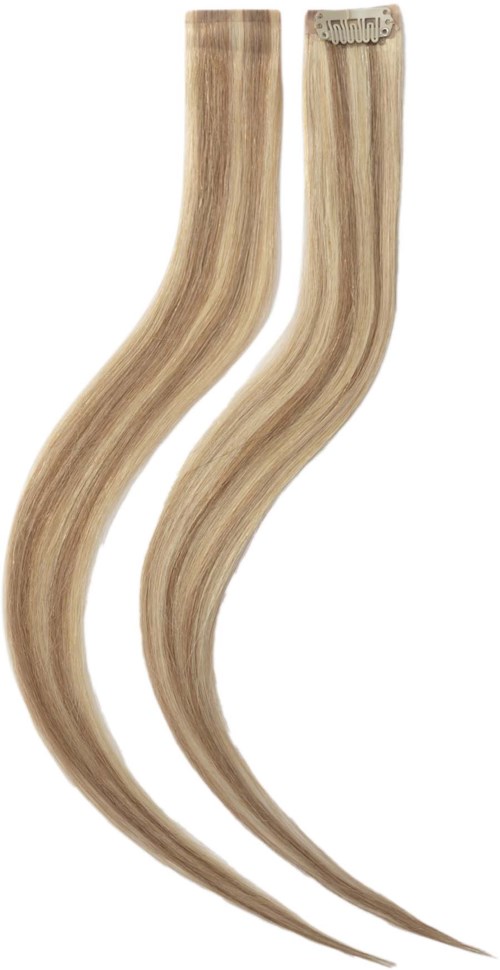 Zwei gebogene Holzhaarverlängerungen mit hellbrauner Farbe und sichtbarer Holzmaserung.