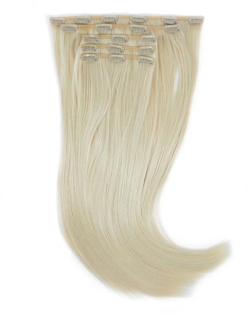 Lange, glatte blonde Haarverlängerungen mit Clips an der Spitze zum Befestigen. Sie sind glänzend und glatt.