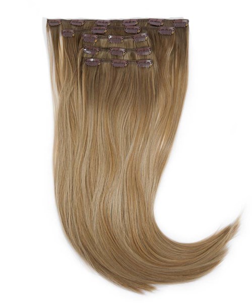 Einen Clip-in-Haarverlängerung aus langen, glatten, blonden Haaren mit Clips an der Oberseite.